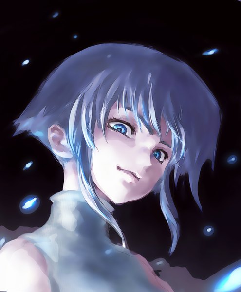 Anime picture 1200x1455 with phantom (ptcrow) single tall image looking at viewer short hair blue eyes simple background blue hair light smile lips black background girl