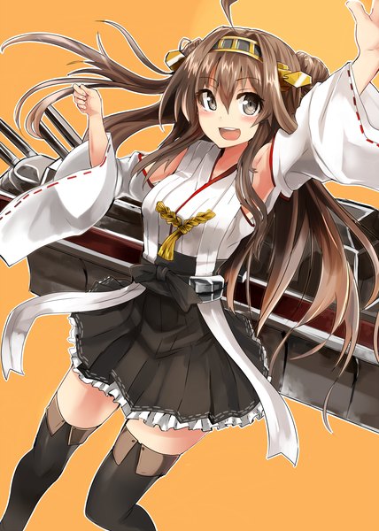 Anime picture 1428x2000 with kantai collection kongou battleship haik single long hair tall image looking at viewer blush open mouth simple background brown hair grey eyes zettai ryouiki nontraditional miko orange background girl skirt weapon detached sleeves headdress
