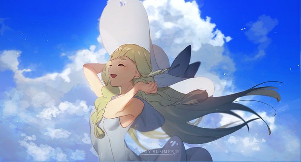 Anime picture 1000x539 with pokemon pokemon sm nintendo lillie (pokemon) no-kan single long hair open mouth blonde hair wide image sky cloud (clouds) upper body outdoors braid (braids) eyes closed wind inscription twin braids summer