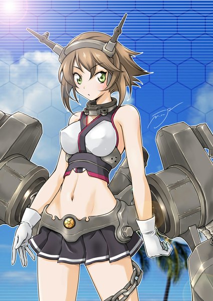 Anime picture 724x1023 with kantai collection mutsu battleship onaya masakazu (artist) tall image looking at viewer blush short hair brown hair bare shoulders green eyes girl gloves navel hair ornament weapon miniskirt chain