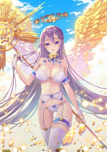 Anime picture 3508x4961 with original jii dayday single tall image looking at viewer blush fringe highres breasts open mouth blue eyes light erotic smile hair between eyes large breasts standing bare shoulders holding absurdres sky