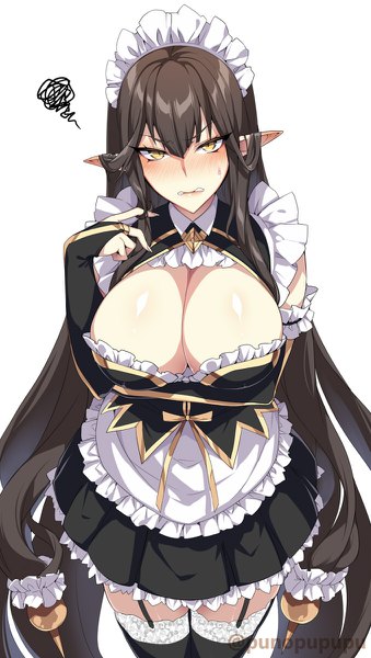 Anime picture 678x1200 with fate (series) fate/apocrypha semiramis (fate) zeroshiki kouichi single tall image blush fringe breasts light erotic simple background hair between eyes brown hair large breasts standing white background signed yellow eyes cleavage very long hair