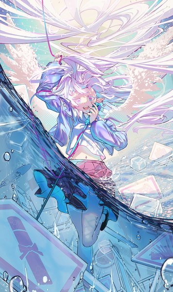 Anime picture 2904x4896 with original yo-ba yo single tall image looking at viewer highres open mouth silver hair very long hair :d wind pointy ears open jacket partially submerged multicolored eyes girl skirt uniform earrings wings
