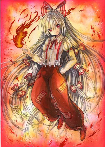 Anime picture 1075x1500 with touhou fujiwara no mokou mosho single tall image looking at viewer smile red eyes silver hair very long hair magic hand in pocket traditional media watercolor (medium) girl bow hair bow shirt fire suspenders