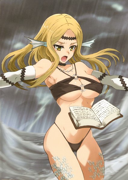 Anime picture 4107x5801 with genkai tokki monster monpiece siren (genkai tokki monster monpiece) ueda yumehito single long hair tall image highres breasts open mouth light erotic blonde hair large breasts standing yellow eyes looking away absurdres cleavage thigh gap floating hair underboob