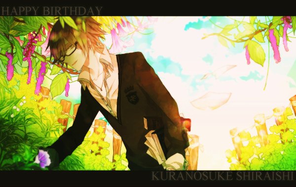Anime picture 1217x769 with prince of tennis shiraishi kuranosuke ibuki (artist) single looking at viewer short hair brown hair standing holding sky cloud (clouds) light smile grey eyes letterboxed open collar boy flower (flowers) plant (plants) shirt glasses