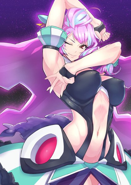 Anime picture 752x1062 with macross macross delta mikumo guynemer nuezou (artist) single tall image looking at viewer fringe breasts light erotic smile red eyes large breasts standing bare shoulders silver hair purple hair ahoge very long hair one eye closed