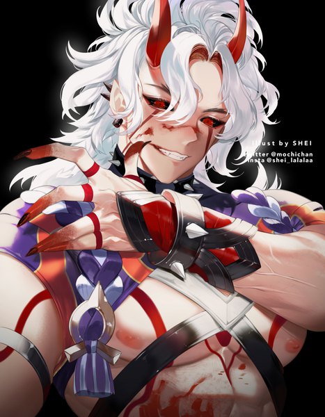 Anime picture 1946x2500 with genshin impact arataki itto shei99 single long hair tall image highres simple background smile red eyes signed silver hair upper body horn (horns) tattoo grin piercing black background ear piercing muscle
