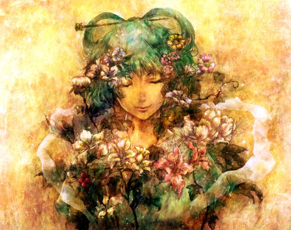 Anime picture 1600x1264 with touhou kaku seiga kokuryu single short hair smile blue hair eyes closed hair flower girl hair ornament flower (flowers)
