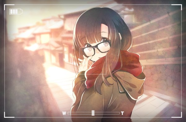 Anime picture 2000x1316 with original furai (furai127) single long hair looking at viewer fringe highres open mouth black hair brown eyes upper body blunt bangs city cityscape girl glasses scarf red scarf