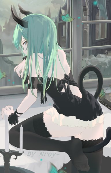 Anime picture 992x1544 with original nroy- single long hair tall image looking at viewer fringe light erotic hair between eyes green eyes signed bent knee (knees) tail animal tail profile looking back horn (horns) green hair from behind mole