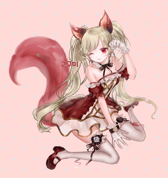 Anime picture 2512x2670 with tera online elin (tera) 96dgd single tall image looking at viewer fringe highres simple background blonde hair smile sitting twintails bare shoulders brown eyes animal ears tail animal tail one eye closed fang (fangs)