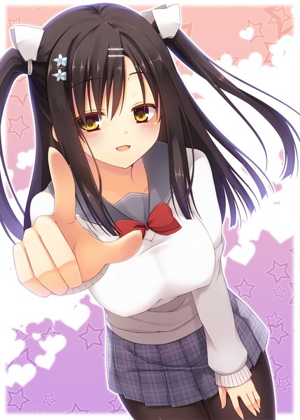 Anime picture 1849x2588 with original yuzu modoki single long hair tall image looking at viewer blush highres open mouth black hair yellow eyes two side up pointing at viewer girl skirt uniform bow hair bow miniskirt pantyhose