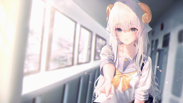 Anime picture 5760x3240 with original neiless neiro single long hair looking at viewer blush fringe highres open mouth hair between eyes wide image holding animal ears absurdres upper body white hair horn (horns) blurry short sleeves grey eyes