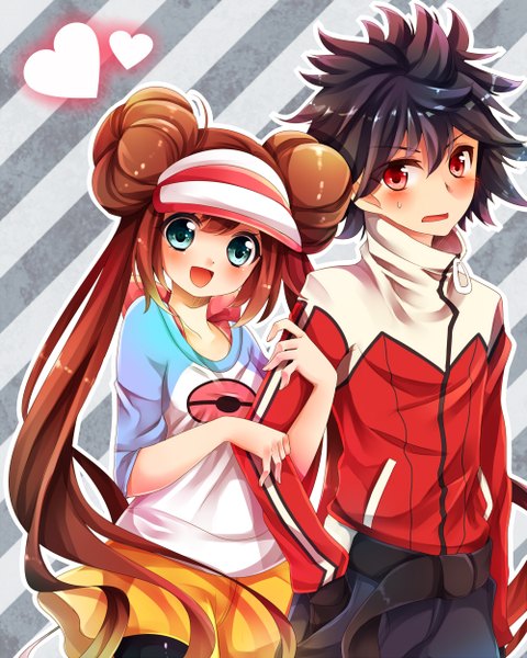 Anime picture 1000x1250 with pokemon pokemon black and white nintendo rosa (pokemon) hue (pokemon) uzuki aki long hair tall image looking at viewer blush short hair open mouth blue eyes black hair red eyes brown hair hair bun (hair buns) couple hug striped