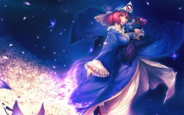 Anime picture 1680x1050 with touhou saigyouji yuyuko single looking at viewer fringe short hair breasts wide image holding pink hair sky traditional clothes profile pink eyes night cherry blossoms girl plant (plants) hat tree (trees)