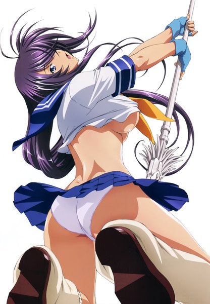 Anime picture 4761x6867 with ikkitousen kanu unchou rin sin single tall image fringe highres breasts open mouth blue eyes light erotic absurdres purple hair very long hair scan hair over one eye official art girl skirt uniform