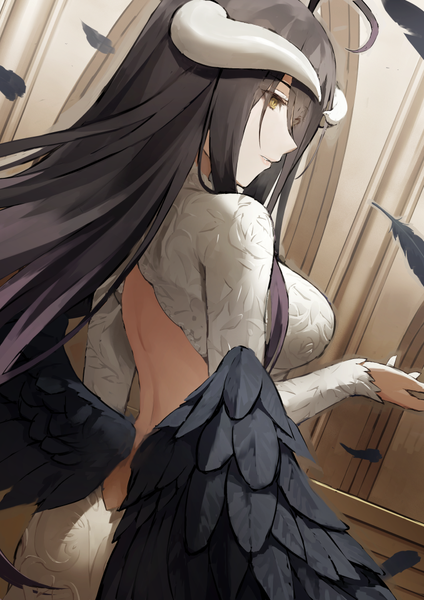 Anime picture 763x1080 with overlord (maruyama) madhouse albedo (overlord) fagi (kakikaki) single long hair tall image fringe breasts black hair hair between eyes large breasts standing yellow eyes looking away ahoge indoors long sleeves profile horn (horns)