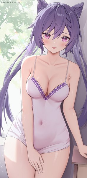 Anime picture 1557x3168 with genshin impact keqing (genshin impact) rosumerii single long hair tall image looking at viewer fringe breasts open mouth light erotic smile hair between eyes large breasts standing purple eyes twintails bare shoulders cleavage purple hair