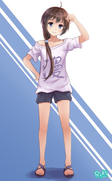 Anime picture 930x1500 with original reki (lichk) single long hair tall image looking at viewer blush blue eyes black hair smile girl shorts sandals