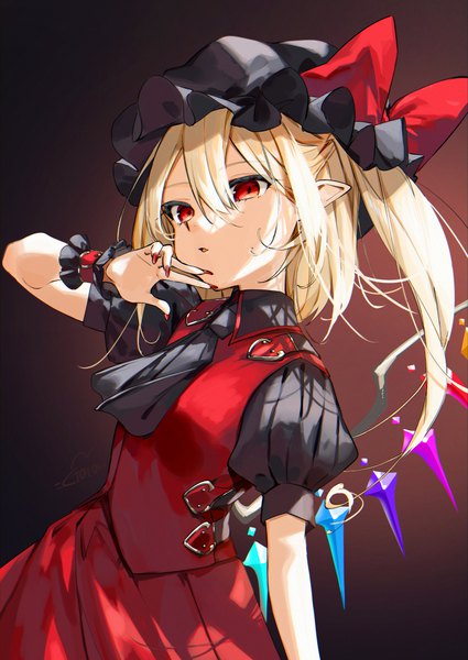 Anime picture 860x1214 with touhou flandre scarlet gotoh510 single tall image looking at viewer fringe short hair open mouth simple background blonde hair hair between eyes red eyes standing upper body nail polish arm up fingernails pointy ears short sleeves
