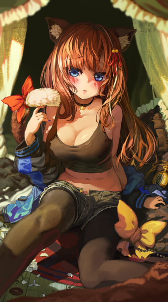 Anime picture 1920x3440 with original melaton single long hair tall image looking at viewer blush fringe highres breasts open mouth blue eyes large breasts sitting animal ears payot cleavage indoors tail nail polish