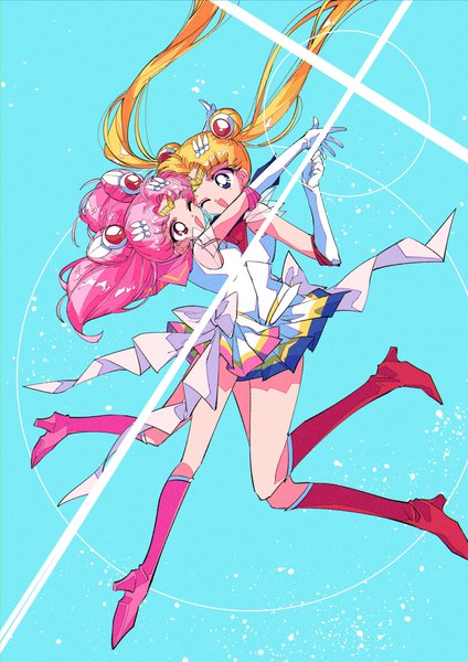 Anime picture 2894x4093 with bishoujo senshi sailor moon toei animation tsukino usagi sailor moon chibiusa sailor chibi moon super sailor moon super sailor chibi moon pochi (askas is god) long hair tall image highres open mouth blonde hair twintails multiple girls pink hair one eye closed wink aqua hair