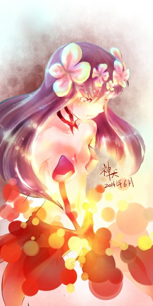 Anime picture 500x1000 with selector infected wixoss j.c. staff hanayo (wixoss) single long hair tall image blush fringe light erotic bare shoulders signed purple hair hair flower midriff orange eyes dated girl hair ornament flower (flowers)