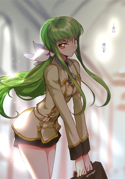Anime picture 650x933 with code geass sunrise (studio) c.c. creayus single long hair tall image fringe standing holding signed yellow eyes payot looking away long sleeves parted lips green hair bare legs :o leaning