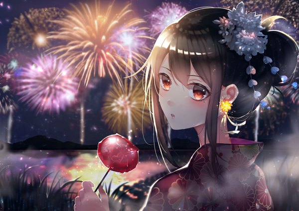 Anime picture 4093x2894 with original sakamoto nozoumi single long hair looking at viewer blush fringe highres hair between eyes brown hair holding payot absurdres upper body outdoors traditional clothes parted lips japanese clothes looking back hair flower