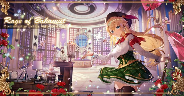 Anime picture 2000x1050 with shingeki no bahamut hanna (shingeki no bahamut) apple caramel single long hair looking at viewer blush fringe highres breasts blonde hair smile hair between eyes wide image large breasts standing signed indoors long sleeves arm up