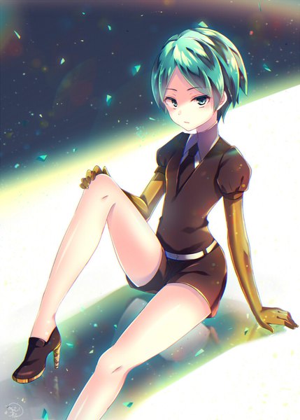 Anime picture 715x1000 with houseki no kuni phosphophyllite nemuri nemu single tall image short hair sitting green eyes signed green hair arm support high heels puffy sleeves expressionless hand on knee androgynous spoilers gloves necktie elbow gloves
