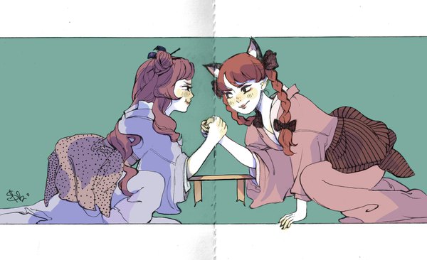 Anime picture 2339x1430 with touhou patchouli knowledge kaenbyou rin svveetberry long hair blush highres brown hair wide image multiple girls animal ears looking away braid (braids) nail polish traditional clothes japanese clothes cat ears cat girl hair bun (hair buns) lipstick