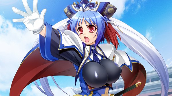 Anime picture 1280x720 with sangoku hime unicorn-a short hair breasts open mouth light erotic red eyes wide image large breasts blue hair game cg traditional clothes girl