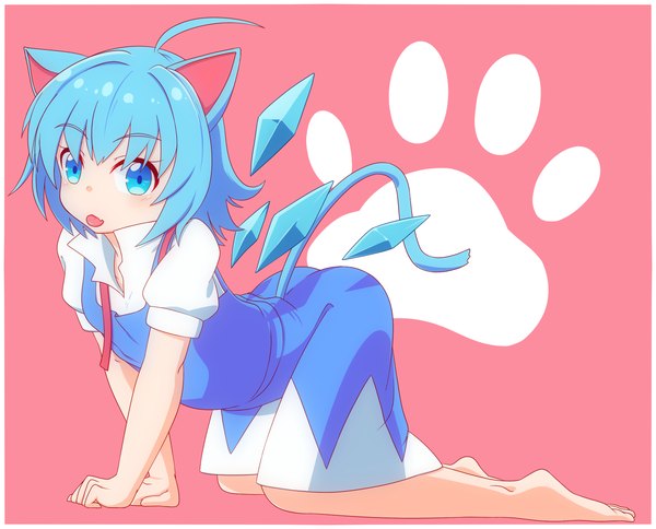 Anime picture 1660x1340 with touhou cirno shikabane homura single looking at viewer fringe short hair blue eyes simple background animal ears blue hair full body ahoge tail animal tail barefoot cat ears short sleeves cat girl cat tail