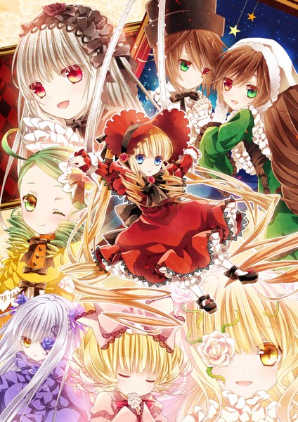 Anime picture 1000x1416 with rozen maiden suigintou shinku suiseiseki souseiseki hina ichigo kirakishou barasuishou kanaria moru long hair tall image blush blue eyes blonde hair smile red eyes brown hair multiple girls yellow eyes