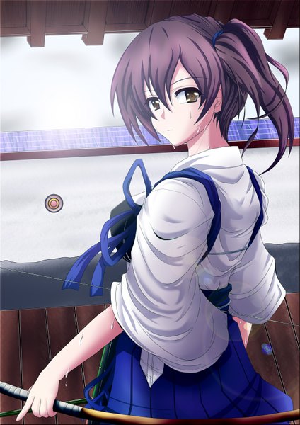 Anime picture 1200x1697 with kantai collection kaga aircraft carrier r68(rokuha) single tall image looking at viewer short hair black hair brown eyes ponytail traditional clothes side ponytail girl