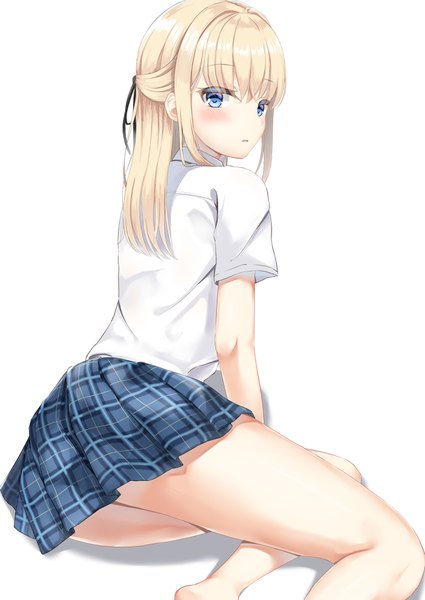 Anime picture 1290x1821 with original kanade pa single long hair tall image looking at viewer blush fringe open mouth blue eyes light erotic simple background blonde hair hair between eyes white background sitting bent knee (knees) pleated skirt looking back barefoot