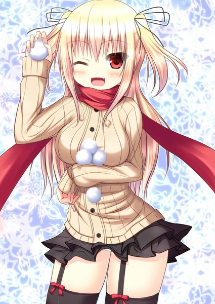 Anime picture 1158x1636 with original nyarumi single long hair tall image blush light erotic blonde hair smile red eyes twintails one eye closed wink pantyshot short twintails girl thighhighs black thighhighs miniskirt scarf