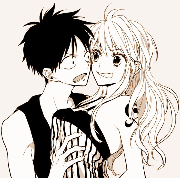 Anime picture 900x889 with one piece toei animation nami (one piece) monkey d. luffy hoyano long hair short hair open mouth bare shoulders upper body tattoo sleeveless monochrome girl boy