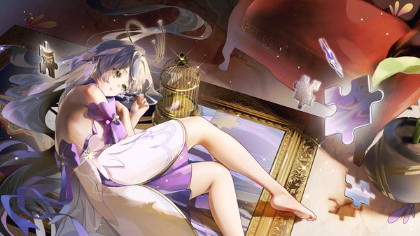 Anime picture 6912x3888 with honkai: star rail honkai (series) robin (honkai: star rail) fangwan single long hair fringe highres breasts wide image green eyes signed looking away absurdres silver hair lying barefoot sparkle back on side