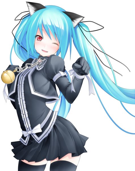 Anime picture 726x915 with vocaloid hatsune miku kintaro single long hair tall image looking at viewer blush fringe open mouth simple background smile red eyes standing white background twintails animal ears blue hair pleated skirt one eye closed