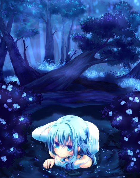 Anime picture 1350x1721 with original konno kengo single long hair tall image looking at viewer blue eyes smile blue hair on stomach girl flower (flowers) plant (plants) petals tree (trees) water leaf (leaves)