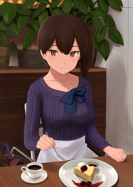 Anime picture 892x1252 with kantai collection kaga aircraft carrier fuyube gin (huyube) single tall image looking at viewer fringe short hair breasts hair between eyes brown hair large breasts sitting holding brown eyes upper body indoors long sleeves alternate costume side ponytail