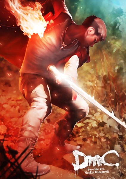 Anime picture 2480x3508 with devil may cry dante (devil may cry) monkey (weibo) single tall image highres short hair brown hair looking away realistic boy weapon sword choker boots pendant fire