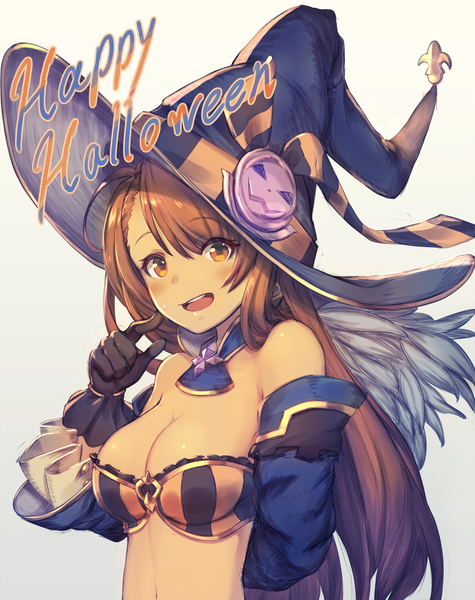 Anime picture 1188x1500 with granblue fantasy beatrix (granblue fantasy) kotoribako single long hair tall image looking at viewer blush fringe breasts open mouth light erotic simple background smile hair between eyes brown hair large breasts white background bare shoulders brown eyes