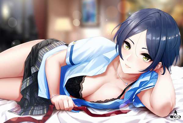 Anime picture 1800x1210 with idolmaster idolmaster cinderella girls hayami kanade infinote single looking at viewer blush highres short hair breasts light erotic smile signed yellow eyes blue hair cleavage indoors lying blurry sparkle