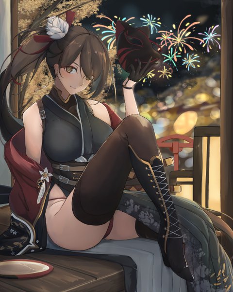 Anime picture 4000x5000 with azur lane zuikaku (azur lane) zuikaku (festive crane) (azur lane) yusha (m-gata) single long hair tall image looking at viewer blush fringe highres breasts light erotic smile hair between eyes brown hair large breasts sitting bare shoulders holding