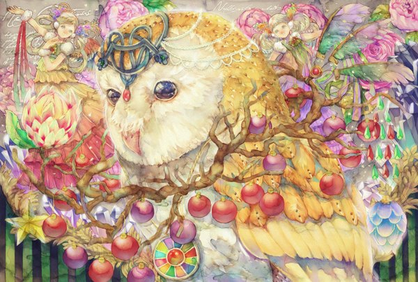 Anime picture 1500x1014 with original yogisya multiple girls girl flower (flowers) 2 girls animal wings bird (birds) star (symbol) jewelry toy owl