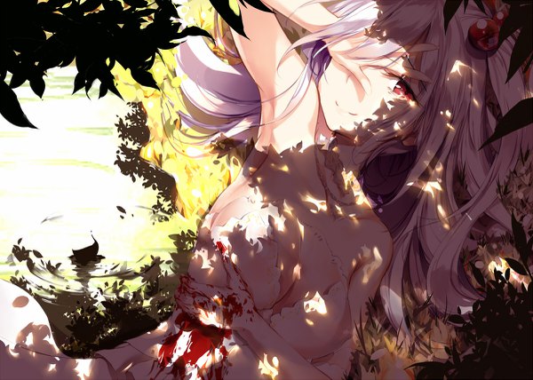 Anime picture 1200x857 with touhou shinki (touhou) eien no juu nana-sa single long hair looking at viewer fringe breasts light erotic smile red eyes large breasts bare shoulders cleavage silver hair outdoors lying sunlight shadow armpit (armpits)